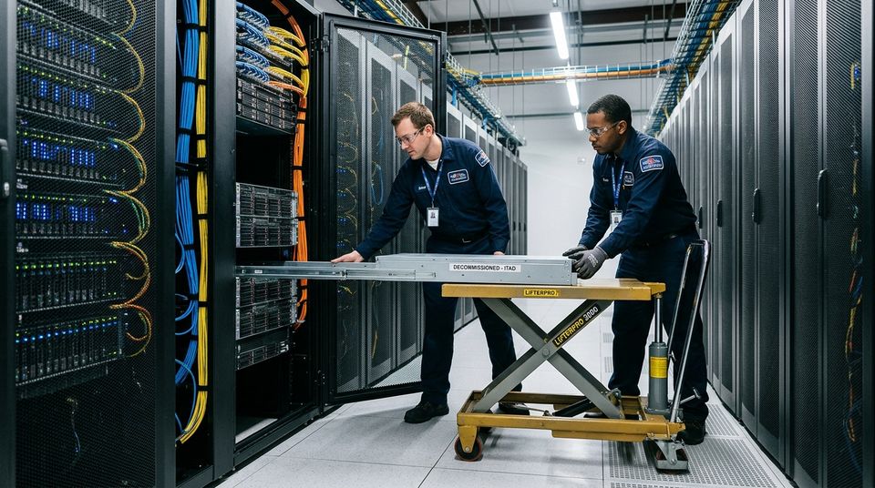Two technicians moving a server on a lift cart between racks