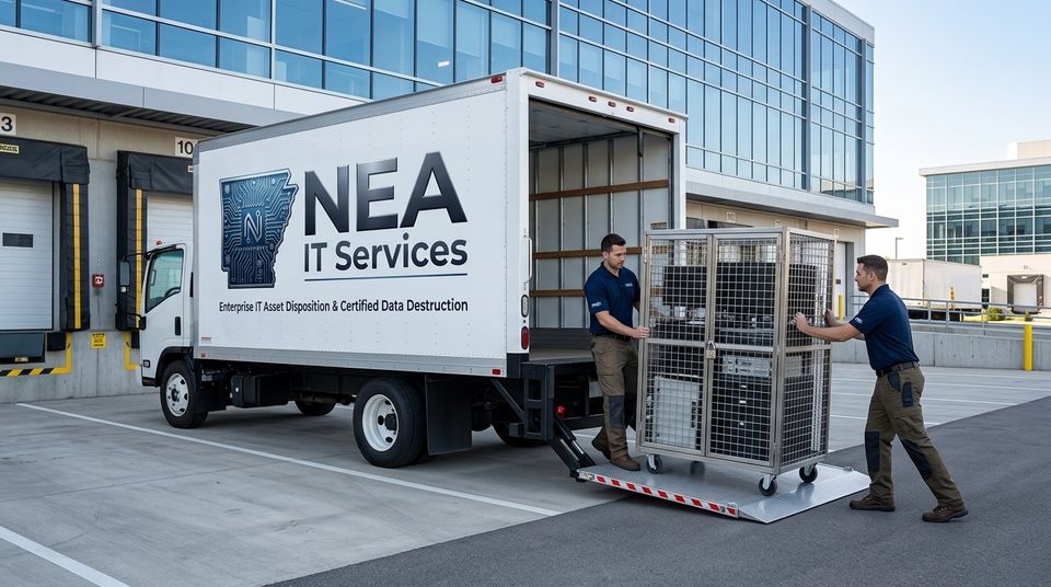 NEA IT Services truck at a loading dock with a rolling security cage