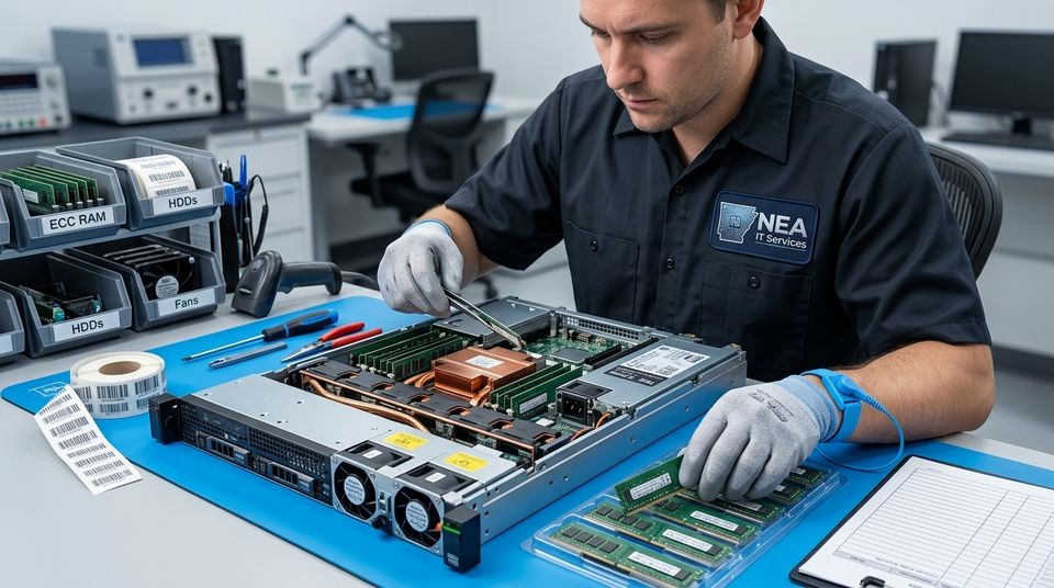 Technician opening a rack server on an ESD bench