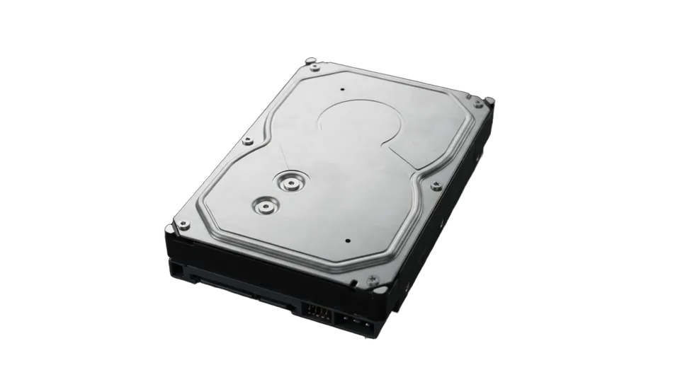 Exploded view of a 3.5 inch hard drive showing the cover, platters, actuator arm, and circuit board