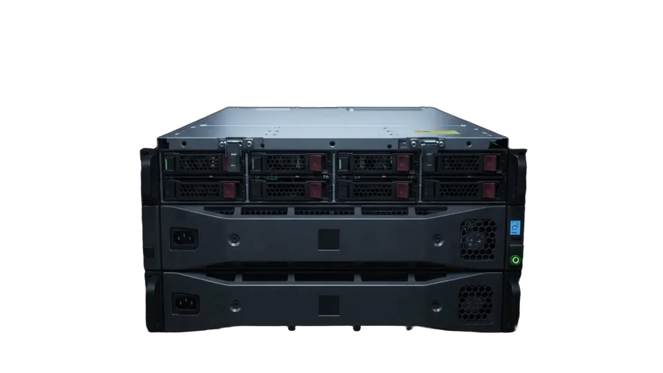 Exploded view of a 2U rack server showing the chassis, motherboard, memory, fans, and power supplies